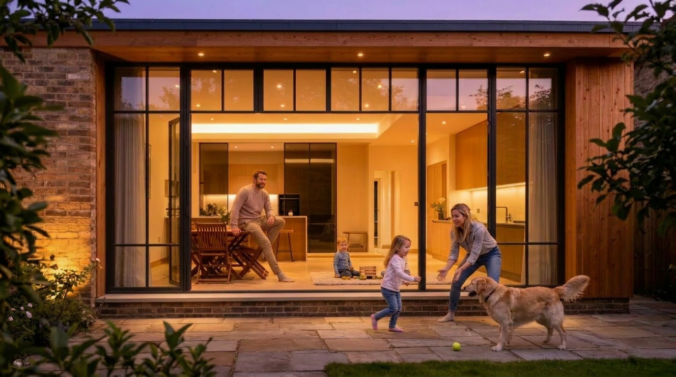 Contemporary glazed extension at dusk designed by Binney & Sims
