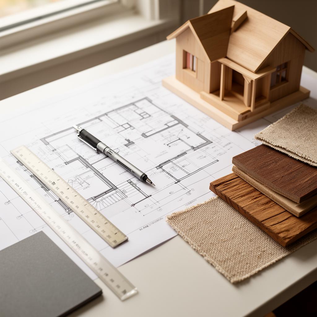 Architectural drawings, scale ruler and material samples on a designer's desk